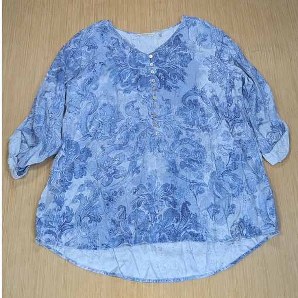 Soft Surroundings Tunic Top Blue Floral 3/4 Sleeve Boho Cottage Women's 1X - Picture 1 of 6